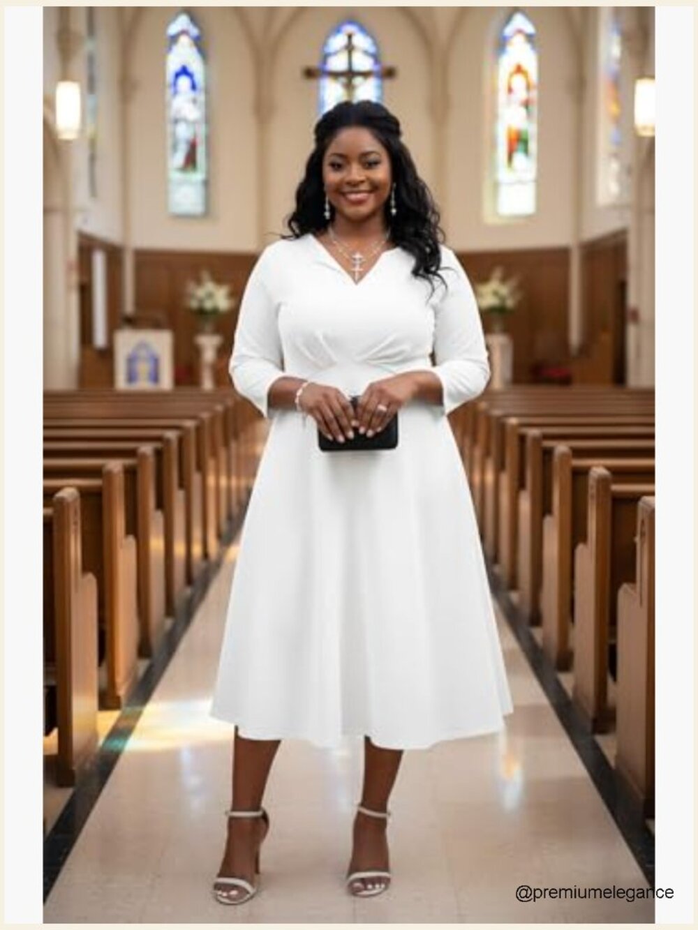 Plus Size Stretchy Flared Wrap Midi Dress V Neck 3/4 Sleeve A-Line Swing - Picture 3 of 7